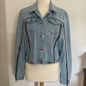 bebe Light Wash Denim Jacket with Zipper Accents